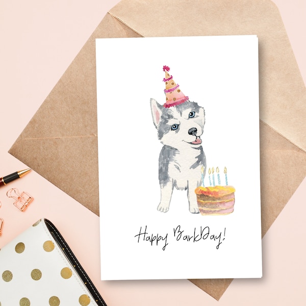 Printable Husky Birthday Card | Dog Pun Card | Happy Barkday | Instant Download | 4x6