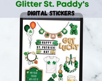 Luxe St. Patrick's Day Digital Planner Stickers, Glitter Green Digital Stickers, Precropped Goodnotes Stickers