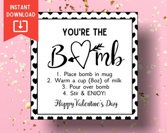Printable Hot Chocolate Bomb Tag Valentine's Day | Hot Cocoa Bomb Tag | You're the Bomb Tag Instructions | Black and White | Square Tag