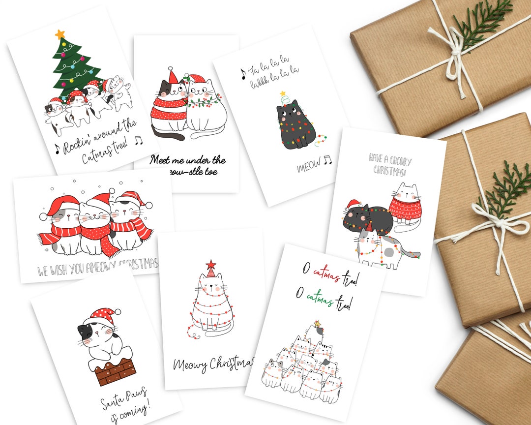 8 Pack Printable Cat Holiday Cards | Cat Christmas Cards | Meowy ...