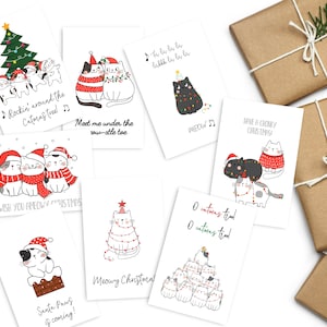 Confezione da 8 biglietti natalizi stampabili per gatti / Cartoline natalizie per gatti / Natale miagolante / O Catmas Tree / Download istantaneo / 4x6