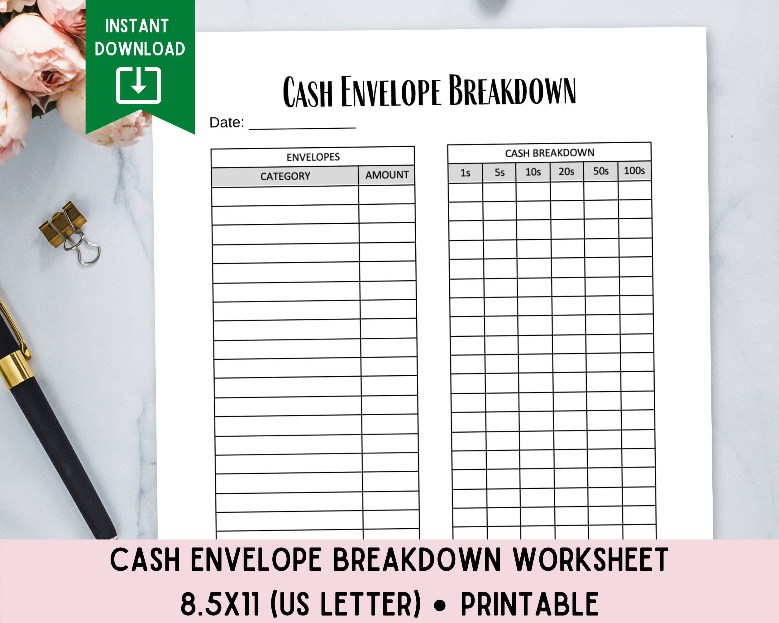 Cash Envelope Tracker, Breakdown Worksheet, Cash Stuffing, Spending, Cash  PDF, Budget Insert, 8.5 X 11, INSTANT DOWNLOAD 