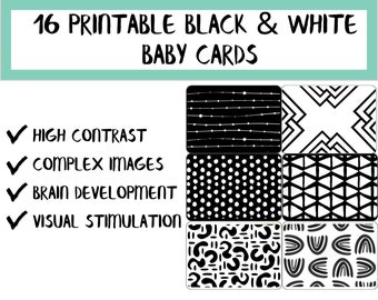 May include: Set of 16 printable black and white baby cards. The cards feature high contrast patterns and designs, including lines, dots, triangles, and abstract shapes.  The text on the cards reads "HIGH CONTRAST", "COMPLEX IMAGES", "BRAIN DEVELOPMENT", and "VISUAL STIMULATION".