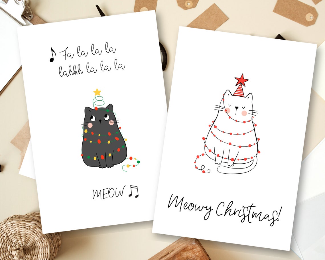 4 Pack Printable Cat Holiday Cards Cat Christmas Cards Meowy Christmas ...