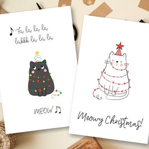 Lot de 4 cartes de vacances imprimables pour chat | Cartes de Noël chat | Noël miaou | Ô Catmas Tree | Téléchargement instantané | 4x6