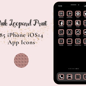 Può includere: Uno schermo di iPhone nero che mostra 85 icone di app con un design a stampa leopardata rosa. Il testo "Pink Leopard Print" e "85 iPhone iOS14 App Icons" è visualizzato sul lato sinistro dell'immagine.