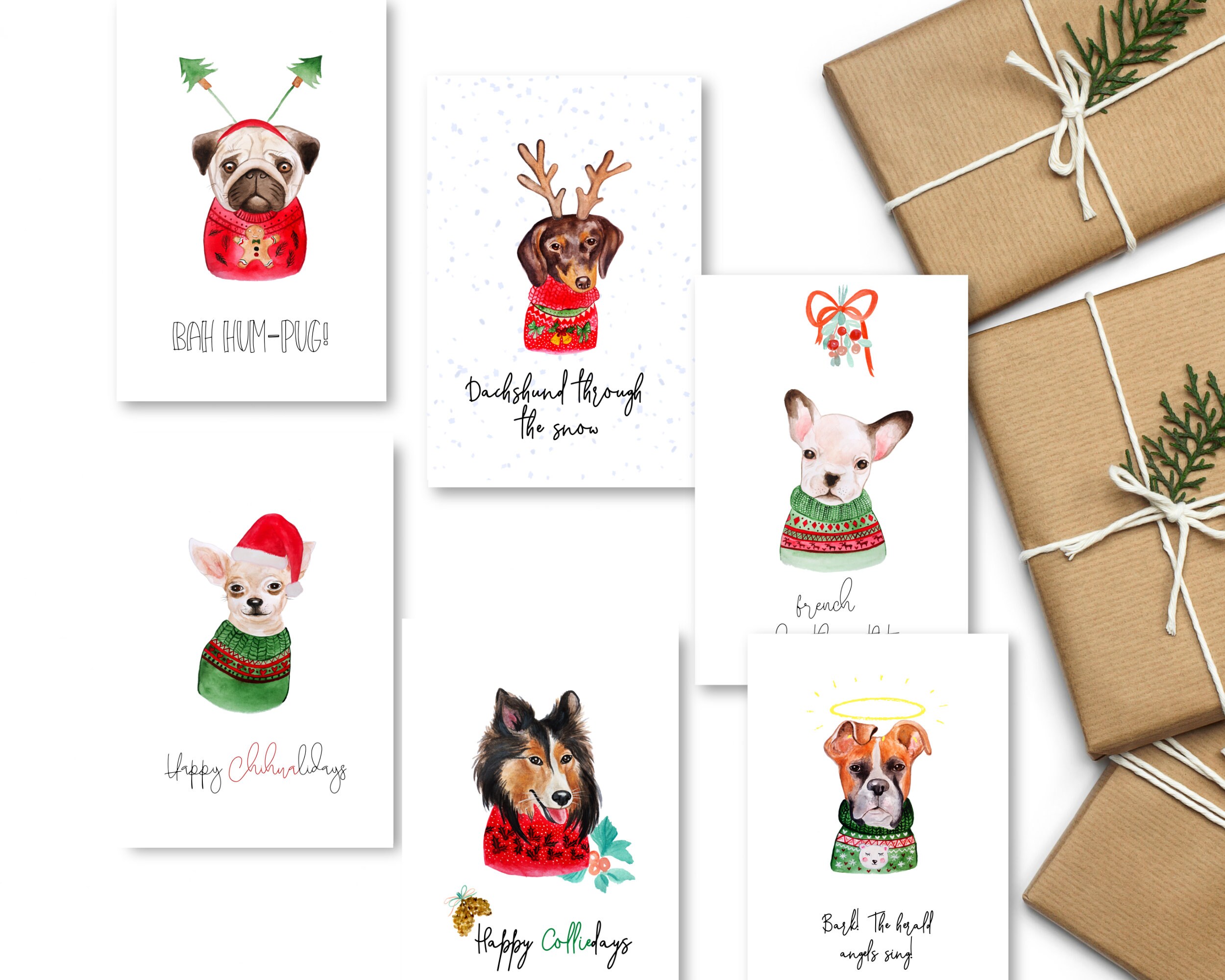 6 Pack Printable Dog Holiday Cards | Dog Christmas Cards | Bah Humpug ...