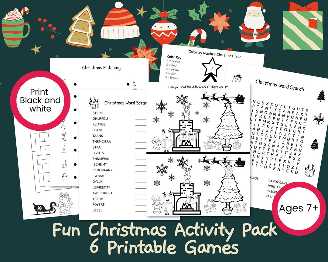 Christmas Activity Pack Printable 6 Games Ages 7 and up Black and White ...