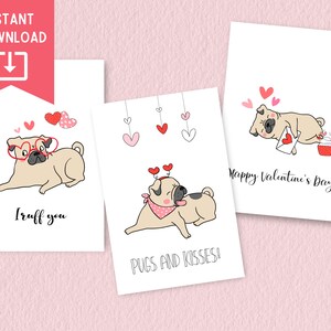 Paquete de 3 tarjetas de San Valentín para perros Pug imprimibles / Tarjeta de juego de palabras para perros / Descarga instantánea / 4x6