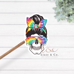 sticker download png/jpeg mom skull tie die mom bun. cameo/ cricut. die cut stickers diy. with white outline