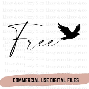 Puede incluir: Diseño gráfico en blanco y negro de un pájaro volando lejos de la palabra "Free" escrita en cursiva.