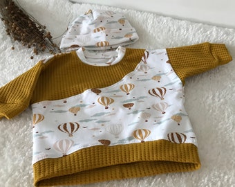 Handemade Set  Shirt Hipster Einzelstück Gr.56 Sweatshirt Ballons Sweater Babyset Jungs Mädchen Langarmshirt Mütze Shirt