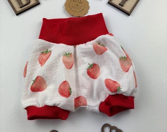 Kurze Baby Kinder Hose Erdbeere kurze Sommerhose Baby Newborn HoseBabygeschenk Musselin versch.Größen Sommer Geburtstag Geburt Mädchen