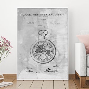 Patent Prints, Patent Art, 1916 Pocket Watch, Blueprint Art, Office Decor, Home Decor, Patent Poster, Patent Canvas, Wacth Patent, Wall Art