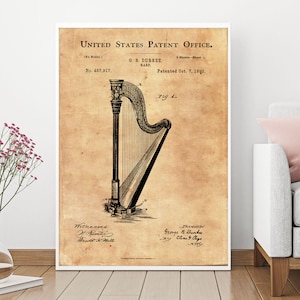 Patent Prints, Patent Art, 1890 Harp Patent, Vintage Patent, Original Patent, Blueprint Poster, Digital Download, Music Instrument, Wall Art