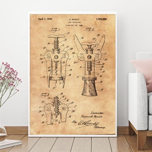 Patent Prints, Cork Extractor Patent, Kitchen Decor, Original Patent, Blueprints, Patent Art, Patent Drawings, Patent Blueprint, Wall Art
