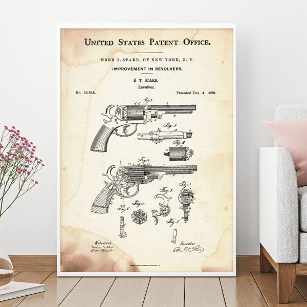 Blueprint Wall Art, Patent Prints, 1860 Starr Revolver, Patent Art, Starr Firearm, Gun Decor, Wall Decor, Firearm Patent, Gun Patent, Poster