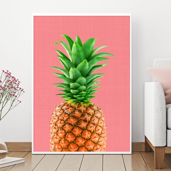 Printable Pineapple, Tropical Print, Wall Art Decor, Colourful, Kitchen Fruit, Digital Download, Modern Minimalist, Coral Pink, Poster, Gift