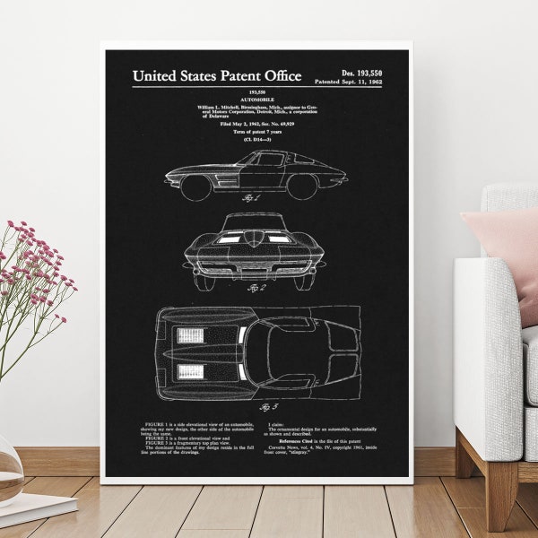 Patent Vehicle, Wall Decor, Patent Car, Patent Automobile, Patent Art, 1963 Corvette Stingray, Patent Prints, Home Decor, Patent Poster, Art