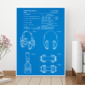 Blueprint Art, Patent Headphones, Patent Prints, Koss Corp Headphones, Blueprint Wall Art, Music Patent, Poster, Office Decor, Home Decor