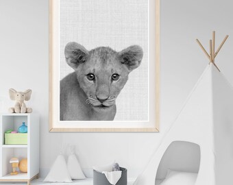 Lion Cub Print, Baby Wall Art, Nursery Decor, Safari Animal, Printable Digital Download, Modern Minimalist, Black and White Kids Room Poster