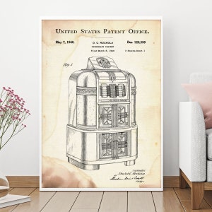 Jukebox Patent, Blueprint Wall Art, Patentprints, Patent Art, Music Patent, Vintage Patent, Patent Blueprint, Blueprint Canvas, Poster