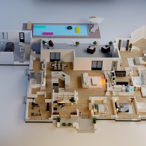 Pode incluir: Modelo arquitetônico detalhado de uma casa moderna, mostrando um layout de dois andares com piscina, garagem e mobiliário interior. O modelo inclui carros, móveis e uma piscina com bóias.