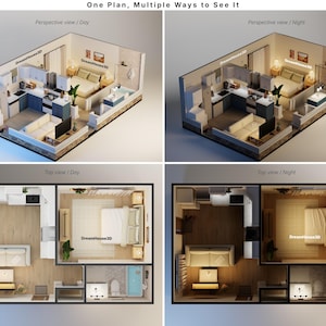 Diseña tu propio plano de planta, Distribución del piso de la casa, Plano con muebles e iluminación, Plano de casa con planta de estar abierta, Render 3D imagen 2
