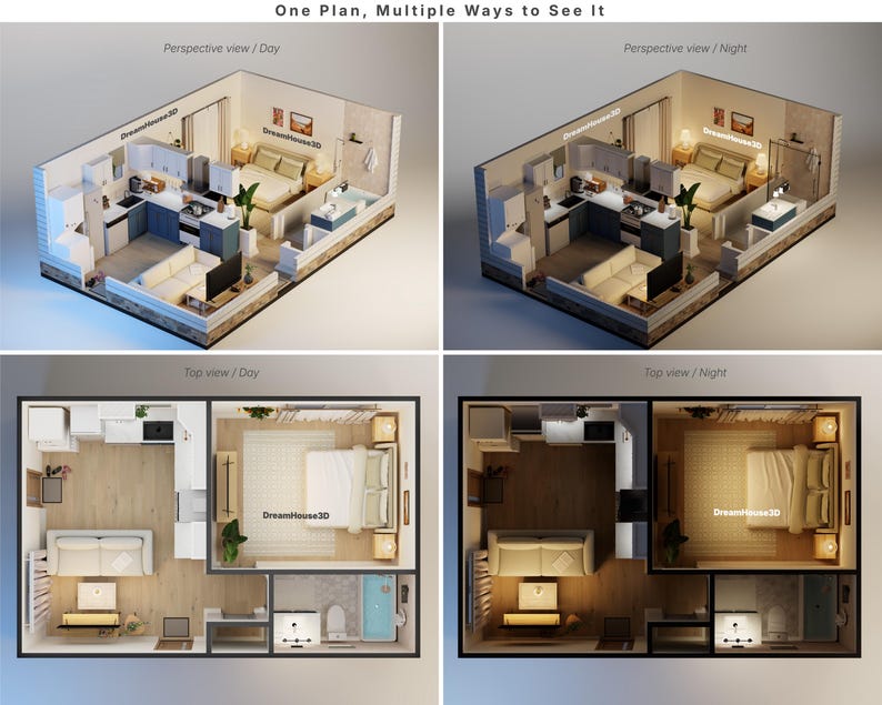 Diseña tu propio plano de planta, Distribución del piso de la casa, Plano con muebles e iluminación, Plano de casa con planta de estar abierta, Render 3D imagen 2