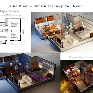 Diseña tu propio plano de planta, Distribución del piso de la casa, Plano con muebles e iluminación, Plano de casa con planta de estar abierta, Render 3D imagen 3