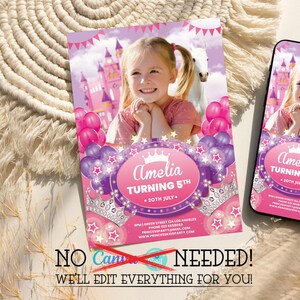 Convite para festa de princesa para meninas, Cartão de aniversário de princesa para impressão, Cartão de feliz aniversário com retrato fotográfico, Download digital