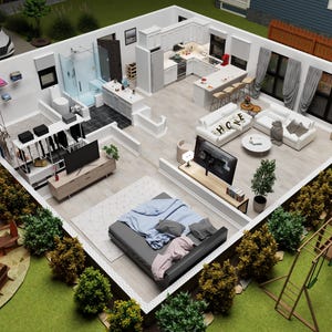 Könnte beinhalten: Eine architektonische Darstellung eines modernen Wohninterieurs, die ein Schlafzimmer, ein Wohnzimmer, eine Küche und ein Badezimmer zeigt. Der Grundriss umfasst ein Bett, Sofas, einen Essbereich und eine Kücheninsel. Der Außenbereich umfasst ein Auto, eine Feuerstelle und einen Spielplatz.