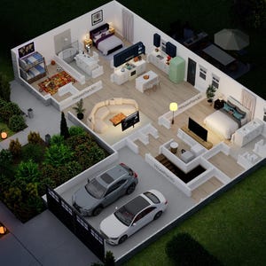 May include: An architectural rendering of a modern home, showcasing an open floor plan with various rooms, including bedrooms, a kitchen, and living areas. Two cars are parked in the garage, and the exterior features a yard with landscaping and outdoor seating.