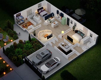 Plano de casa personalizada en 3D, casa pequeña, plano de planta 3D, renderizado