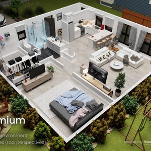 Puede incluir: Una representaci&oacute;n arquitect&oacute;nica detallada de un interior de casa moderno, que muestra un dormitorio, una sala de estar, una cocina y un ba&ntilde;o. La imagen es una perspectiva de arriba hacia abajo con muebles y decoraci&oacute;n detallados. El texto en la imagen dice "Premium, Standard, Realistic environment, 4-5 angles (top, perspectives)".