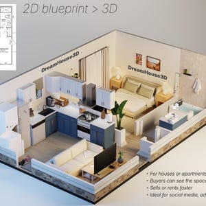 Design your own floor plan, House floor layout, Plan with furniture and lighting, Open living plan house plan, 3D render