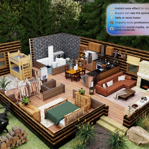 May include: An architectural rendering of a cabin interior, featuring a living area with a fireplace, kitchen, dining space, and bedrooms. The design includes a bunk bed, a sofa, and a bed with a green cover. The image also includes text about the benefits of the design.