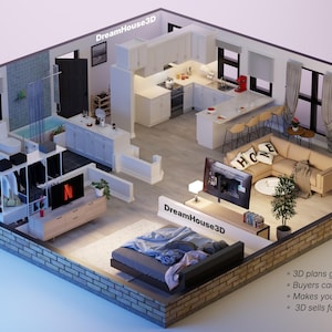 Diseña tu propio plano de planta, Distribución del piso de la casa, Plano con muebles e iluminación, Plano de casa con planta de estar abierta, Render 3D imagen 4