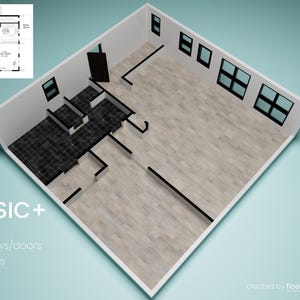 Puede incluir: Representaci&oacute;n arquitect&oacute;nica 3D de un plano de planta, que presenta un dise&ntilde;o detallado con paredes, ventanas y puertas. El plano de planta incluye un &aacute;rea embaldosada y pisos de madera. El texto en la imagen dice "BASIC+".