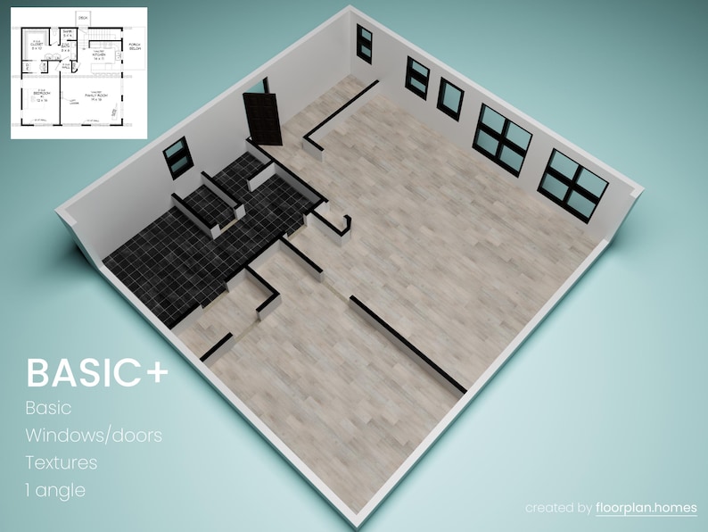 Puede incluir: Representaci&oacute;n arquitect&oacute;nica 3D de un plano de planta, que presenta un dise&ntilde;o detallado con paredes, ventanas y puertas. El plano de planta incluye un &aacute;rea embaldosada y pisos de madera. El texto en la imagen dice "BASIC+".