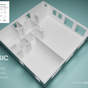 Puede incluir: Modelo 3D blanco de un interior de casa, que muestra la distribuci&oacute;n con paredes y aberturas para ventanas y puertas. La imagen incluye un plano de planta 2D en la esquina superior izquierda y el texto "BASIC", "2D to 3D", "White walls", "No textures", "No furnitures" y "1 angle".