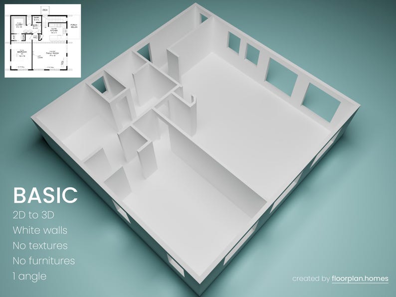 Puede incluir: Modelo 3D blanco de un interior de casa, que muestra la distribuci&oacute;n con paredes y aberturas para ventanas y puertas. La imagen incluye un plano de planta 2D en la esquina superior izquierda y el texto "BASIC", "2D to 3D", "White walls", "No textures", "No furnitures" y "1 angle".