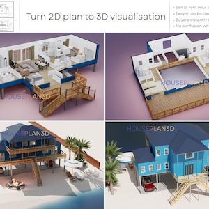 Diseña tu propio plano de planta, Distribución del piso de la casa, Plano con muebles e iluminación, Plano de casa con planta de estar abierta, Render 3D imagen 5