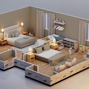 May include: An isometric view of a modern bedroom layout with two beds, a crib, and a play area. The walls are partially constructed with brick, and the room is furnished with neutral-toned bedding, furniture, and decor. The text "HousePlan3D.com" is visible.