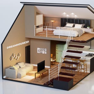 May include: A cross-section model of a modern two-story house. The upper level features a bedroom with a bed, nightstands, and a balcony. The lower level includes a living room, kitchen, and dining area. The text "DREAMHOUSE3D" is visible on the side.