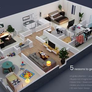 Puede incluir: Una representaci&oacute;n en planta 3D de una casa moderna, que muestra varias habitaciones con muebles y decoraci&oacute;n. La imagen incluye el texto "2D > 3D" y "5 razones para obtener un plano de planta 3D."