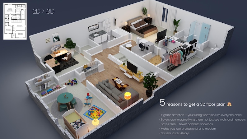 Puede incluir: Una representaci&oacute;n en planta 3D de una casa moderna, que muestra varias habitaciones con muebles y decoraci&oacute;n. La imagen incluye el texto "2D > 3D" y "5 razones para obtener un plano de planta 3D."