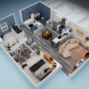 May include: A detailed 3D architectural rendering of a modern apartment layout. The model showcases a bedroom, bathroom, kitchen, living room, and closet, with furniture and decor. The floor plan is on a light blue background.