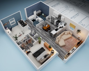 Renderizado de plano 3D personalizado de casa, apartamento y cabaña