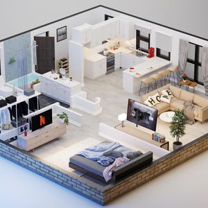 Diseña tu propio plano de planta, Distribución del piso de la casa, Plano con muebles e iluminación, Plano de casa con planta de estar abierta, Render 3D Standard